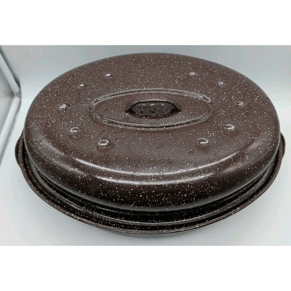 Graniteware Enamel Lrg Oval Oven VTG Brown Roast pan 16 x 12 x 4 in Lid USA